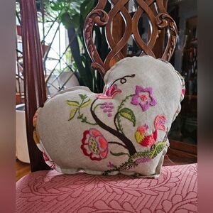 Mid Century Modern Upcycled Crewel Heart Throw Pillow Folk Art Design Handmade